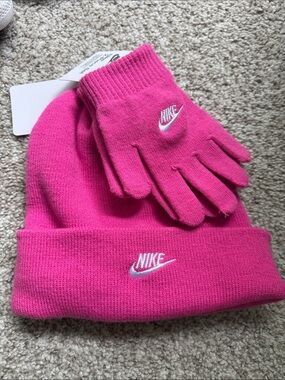 Kids Nike Hot Pink Knit Beanie with Matching Gloves Set